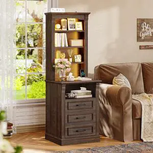 61" Tall Modern Nightstand with 3 Drawers,Built-in Charging Station,LED Light, 3 Adjustable Shelves,Roman Column, End Table for Bedroom, (Walnut) 61" Tall Modern Nightstand with 3 Drawers,Built-in Charging Station,LED Light, 3 Adjustable Shelves,Roman Column, End Table for Bedroom, (Walnut)