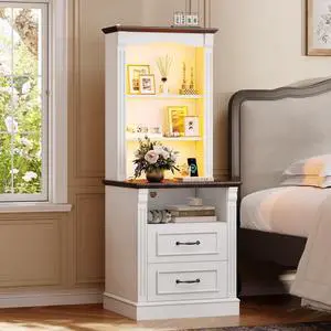 Farmhouse Nightstand with Charging Station, 3-Tier Bedside with Open Shelf, Side Tables Bedroom with Charging Station, LED Sofa Side Table for Storage End Table (White+Brown, 1Pcs) Farmhouse Nightstand with Charging Station, 3-Tier Bedside with Open Shelf, Side Tables Bedroom with Charging Station, LED Sofa Side Table for Storage End Table (White+Brown, 1Pcs)