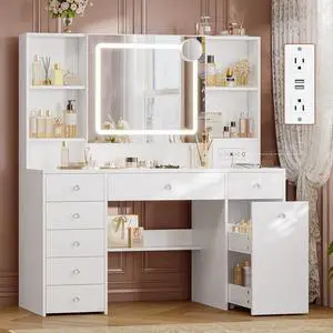 47.2 Large Makeup Vanity Desk with Mirror and Lights,Power Outlet,7 Drawers,Pull-Out LED Mirror with 3 Light Modes,Brightness Adjustable,Rolling Makeup cart,Crystal Handles, hairdryer Rack,White 47.2 Large Makeup Vanity Desk with Mirror and Lights,Power Outlet,7 Drawers,Pull-Out LED Mirror with 3 Light Modes,Brightness Adjustable,Rolling Makeup cart,Crystal Handles, hairdryer Rack,White