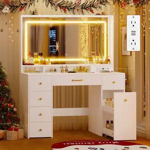 49.3Large Vanity LED Mirror with Lights,Makeup Vanity Desk with 6 Drawers,Power Outlet,Glass Tabletop,Storage Shelf,Rolling Makeup Vanity,Hairdryer Rack,White 49.3Large Vanity LED Mirror with Lights,Makeup Vanity Desk with 6 Drawers,Power Outlet,Glass Tabletop,Storage Shelf,Rolling Makeup Vanity,Hairdryer Rack,White
