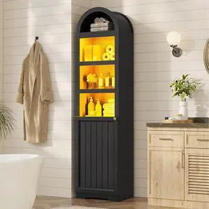 72" Tall Arched Narrow Bathroom Storage Cabinet with Lights, Slim Storage Cabinet with Adjustable Shelves for Small Spaces, Farmhouse Style (Black) 72" Tall Arched Narrow Bathroom Storage Cabinet with Lights, Slim Storage Cabinet with Adjustable Shelves for Small Spaces, Farmhouse Style (Black)