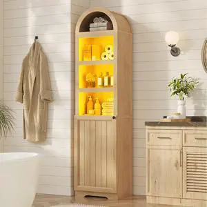 72" Tall Arched Narrow Bathroom Storage Cabinet with Lights, Slim Storage Cabinet with Adjustable Shelves for Small Spaces, Farmhouse Style (Oak) 72" Tall Arched Narrow Bathroom Storage Cabinet with Lights, Slim Storage Cabinet with Adjustable Shelves for Small Spaces, Farmhouse Style (Oak)