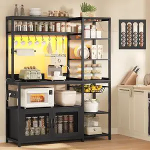 47.2 in Bakers Rack with Power Outlet & LED Light, Coffee Bar with Coffee Pod Holder for Vetuo, Kitchen Microwave Stand with Storage Shelves, Paper Holder, Cabinet, Wire Basket, 8 Hooks (Black) 47.2 in Bakers Rack with Power Outlet & LED Light, Coffee Bar with Coffee Pod Holder for Vetuo, Kitchen Microwave Stand with Storage Shelves, Paper Holder, Cabinet, Wire Basket, 8 Hooks (Black)