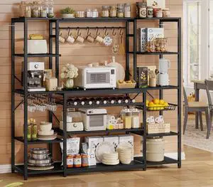 62.4in Large Bakers Rack with Power Outlet, Wide Kitchen Microwave Stand with Storage Shelves, 5-Tier Coffee Bar, Wine Rack, Goblet Holder, 8 Hooks, Wire Basket(Black, Large) 62.4in Large Bakers Rack with Power Outlet, Wide Kitchen Microwave Stand with Storage Shelves, 5-Tier Coffee Bar, Wine Rack, Goblet Holder, 8 Hooks, Wire Basket(Black, Large)