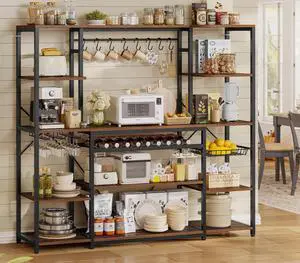62.4in Large Bakers Rack with Power Outlet, Wide Kitchen Microwave Stand with Storage Shelves, 5-Tier Coffee Bar, Wine Rack, Goblet Holder, 8 Hooks, Wire Basket(Rustic Brown, Large) 62.4in Large Bakers Rack with Power Outlet, Wide Kitchen Microwave Stand with Storage Shelves, 5-Tier Coffee Bar, Wine Rack, Goblet Holder, 8 Hooks, Wire Basket(Rustic Brown, Large)