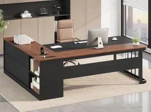 71" Executive Desk, Large Office Desk with Drawers & Storage Shelves, Modern L Shaped Computer Desk Corner Desk with Power Outlets, File Cabinet, Business Furniture Desk Workstation (Walnut) 71" Executive Desk, Large Office Desk with Drawers & Storage Shelves, Modern L Shaped Computer Desk Corner Desk with Power Outlets, File Cabinet, Business Furniture Desk Workstation (Walnut)