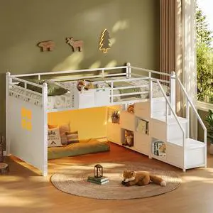 Twin Size Low Loft Bed with Stairs,Handy Clothes Rail,7 Storage Drawers & 5 Open Shelves,Twin Loft Bed with LED Lights, Metal Kids Loft Bed with Safety Guardrail & Under-Bed Play Space, White Twin Size Low Loft Bed with Stairs,Handy Clothes Rail,7 Storage Drawers & 5 Open Shelves,Twin Loft Bed with LED Lights, Metal Kids Loft Bed with Safety Guardrail & Under-Bed Play Space, White
