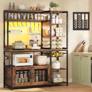 47.2 in Bakers Rack with Power Outlet & LED Light, Coffee Bar with Coffee Pod Holder for Vetuo, Kitchen Microwave Stand with Storage Shelves, Paper Holder, Cabinet, Wire Basket, 8 Hooks (Rustic Brown) 47.2 in Bakers Rack with Power Outlet & LED Light, Coffee Bar with Coffee Pod Holder for Vetuo, Kitchen Microwave Stand with Storage Shelves, Paper Holder, Cabinet, Wire Basket, 8 Hooks (Rustic Brown)