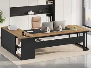 78.7" Executive Desk, Large Office Desk with Drawers & Storage Shelves, Modern L Shaped Computer Desk Corner Desk with Power Outlets, File Cabinet, Business Furniture Desk Workstation (Oak) 78.7" Executive Desk, Large Office Desk with Drawers & Storage Shelves, Modern L Shaped Computer Desk Corner Desk with Power Outlets, File Cabinet, Business Furniture Desk Workstation (Oak)