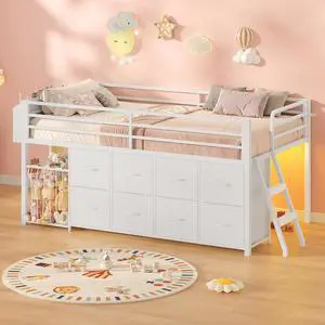Twin Size Low Loft Bed with RGB Lights & Play Zone, 8 XL Drawers, Kids Play Loft with 2-Step Ladder & Anti-Tip Kit (White) Twin Size Low Loft Bed with RGB Lights & Play Zone, 8 XL Drawers, Kids Play Loft with 2-Step Ladder & Anti-Tip Kit (White)