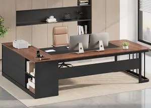 78.7" Executive Desk, Large Office Desk with Drawers & Storage Shelves, Modern L Shaped Computer Desk Corner Desk with Power Outlets, File Cabinet, Business Furniture Desk Workstation (Walnut) 78.7" Executive Desk, Large Office Desk with Drawers & Storage Shelves, Modern L Shaped Computer Desk Corner Desk with Power Outlets, File Cabinet, Business Furniture Desk Workstation (Walnut)