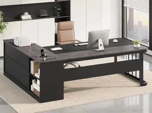 71" Executive Desk, Large Office Desk with Drawers & Storage Shelves, Modern L Shaped Computer Desk Corner Desk with Power Outlets, File Cabinet, Business Furniture Desk Workstation (Grey) 71" Executive Desk, Large Office Desk with Drawers & Storage Shelves, Modern L Shaped Computer Desk Corner Desk with Power Outlets, File Cabinet, Business Furniture Desk Workstation (Grey)