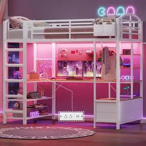 Loft Bed Twin Size with L Shape Desk,4 Drawers,Cloth hanging rack,2-Tier Storage Shelves Metal Loft Bed Frame with Power Outlet and LED Lighted,No Box Spring Needed,Space-Saving,Noise Free (White) Loft Bed Twin Size with L Shape Desk,4 Drawers,Cloth hanging rack,2-Tier Storage Shelves Metal Loft Bed Frame with Power Outlet and LED Lighted,No Box Spring Needed,Space-Saving,Noise Free (White)