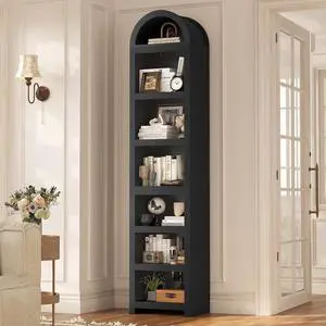 76" Tall Narrow Arched Bookcase,7-Teir Mid-Century Modern Bookshelf,Adjustable Shelves offering More Storage Space for Living Room,Kitchen,Home Office,Black 76" Tall Narrow Arched Bookcase,7-Teir Mid-Century Modern Bookshelf,Adjustable Shelves offering More Storage Space for Living Room,Kitchen,Home Office,Black