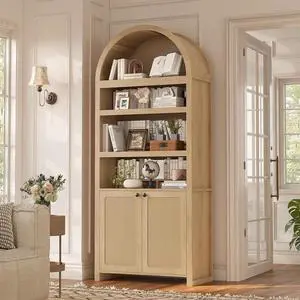 81" Tall Arched Cabinets,Bookcase with storage,Mid-Century Modern 6-Tier Bookshelf with Door,2 Book Risers and Adjustable Shelves offering more storage space for Living Room,Kitchen,Home Office,Oak 81" Tall Arched Cabinets,Bookcase with storage,Mid-Century Modern 6-Tier Bookshelf with Door,2 Book Risers and Adjustable Shelves offering more storage space for Living Room,Kitchen,Home Office,Oak
