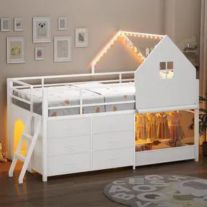 Twin - Low Loft Bed with Kids Clothing Rack, Kids Loft Bed, Loft Bed with Tent, Toy Storage Box, Safety Guardrail, LED Light, Under-Hide and Seek Bed Play Space (White) Twin - Low Loft Bed with Kids Clothing Rack, Kids Loft Bed, Loft Bed with Tent, Toy Storage Box, Safety Guardrail, LED Light, Under-Hide and Seek Bed Play Space (White)