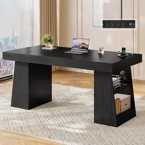55.9 in Executive Desk with Power Outlets, Modern Home Office Desk with Storage Shelves, Wood Computer Desk Business Workstation Desk Conference Table, Black (Storage Shelves) 55.9 in Executive Desk with Power Outlets, Modern Home Office Desk with Storage Shelves, Wood Computer Desk Business Workstation Desk Conference Table, Black (Storage Shelves)