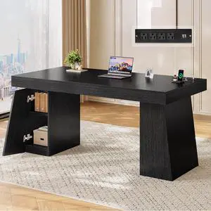 55.9 in Executive Desk with Power Outlets, Modern Home Office Desk with Storage Cabinet, Wood Computer Desk Business Workstation Desk Conference Table, Black (Storage Cabinet) 55.9 in Executive Desk with Power Outlets, Modern Home Office Desk with Storage Cabinet, Wood Computer Desk Business Workstation Desk Conference Table, Black (Storage Cabinet)