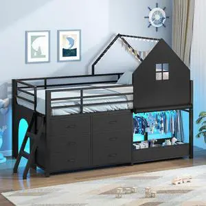 Twin Low Loft Bed for Kids with Clothing Rack, Tent, Toy Storage Box, LED Light, Safety Guardrail, Black Twin Low Loft Bed for Kids with Clothing Rack, Tent, Toy Storage Box, LED Light, Safety Guardrail, Black