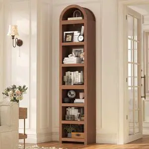 76" Tall Narrow Arched Bookcase,7-Teir Mid-Century Modern Bookshelf,Adjustable Shelves offering More Storage Space for Living Room,Kitchen,Home Office (Brown, Narrow) 76" Tall Narrow Arched Bookcase,7-Teir Mid-Century Modern Bookshelf,Adjustable Shelves offering More Storage Space for Living Room,Kitchen,Home Office (Brown, Narrow)