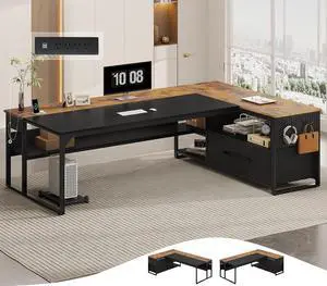 71" Executive Desk, Large Office Desk with Widen File Drawers & Power Outlets, Reversible L Shaped Computer Desk Corner Desk with Storage Shelves, CPU Stand, Hooks, Business Furniture 71" Executive Desk, Large Office Desk with Widen File Drawers & Power Outlets, Reversible L Shaped Computer Desk Corner Desk with Storage Shelves, CPU Stand, Hooks, Business Furniture