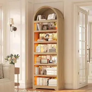 79.4" Tall Arched Cabinet,Bookcase with Storage,Mid-Century Modern 7-Tier Bookshelf with RGB Light,2 Book Risers,Adjustable Shelf offering More Space for Living Room,Kitchen,Home Office(Oak) 79.4" Tall Arched Cabinet,Bookcase with Storage,Mid-Century Modern 7-Tier Bookshelf with RGB Light,2 Book Risers,Adjustable Shelf offering More Space for Living Room,Kitchen,Home Office(Oak)