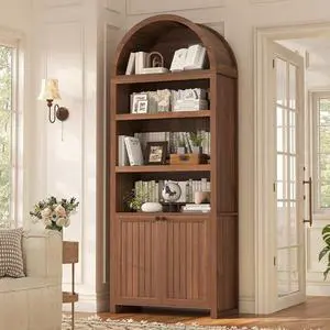 81" Tall Arched Cabinets,Bookcase with storage,Mid-Century Modern 6-Tier Bookshelf with Door,2 Book Risers and Adjustable Shelves offering more storage space for Living Room,Kitchen,Home Office,Brown 81" Tall Arched Cabinets,Bookcase with storage,Mid-Century Modern 6-Tier Bookshelf with Door,2 Book Risers and Adjustable Shelves offering more storage space for Living Room,Kitchen,Home Office,Brown