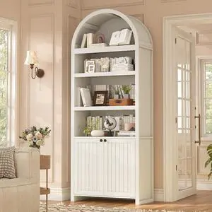 81" Tall Arched Cabinets,Bookcase with storage,Mid-Century Modern 6-Tier Bookshelf with Door,2 Book Risers and Adjustable Shelves give more storage space for Living Room,Home Office Antique White 81" Tall Arched Cabinets,Bookcase with storage,Mid-Century Modern 6-Tier Bookshelf with Door,2 Book Risers and Adjustable Shelves give more storage space for Living Room,Home Office Antique White