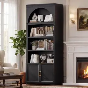 81.2"Tall Arched Cabinet,Bookcase with storage,Mid-Century Modern 6-Tier Bookshelf with Door,2 Book Risers and Adjustable Shelves,More storage space for Living Room,Kitchen,Home Office (Black, Large) 81.2"Tall Arched Cabinet,Bookcase with storage,Mid-Century Modern 6-Tier Bookshelf with Door,2 Book Risers and Adjustable Shelves,More storage space for Living Room,Kitchen,Home Office (Black, Large)