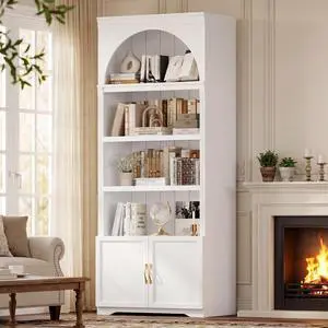 81.2"Tall Arched Cabinet,Bookcase with storage,Mid-Century Modern 6-Tier Bookshelf with Door,2 Book Risers and Adjustable Shelves,More storage space for Living Room,Kitchen,Home Office (White, Large) 81.2"Tall Arched Cabinet,Bookcase with storage,Mid-Century Modern 6-Tier Bookshelf with Door,2 Book Risers and Adjustable Shelves,More storage space for Living Room,Kitchen,Home Office (White, Large)
