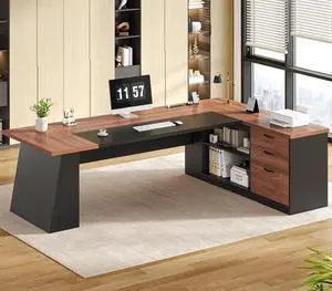 78.7" L Shaped Executive Desk with Power Outlets, Extra Large Office Desk with Drawers & File Cabinet, Modern Corner Computer Desk with Storage Shelves, Business Furniture, Walnut & Black 78.7" L Shaped Executive Desk with Power Outlets, Extra Large Office Desk with Drawers & File Cabinet, Modern Corner Computer Desk with Storage Shelves, Business Furniture, Walnut & Black