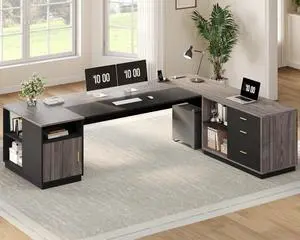 78.7" L Shaped Executive Desk with Lateral File Cabinet, Extra Large Office Desk with Drawers & Power Outlets, Modern Corner Computer Desk with Storage Shelves, Business Furniture, Grey 78.7" L Shaped Executive Desk with Lateral File Cabinet, Extra Large Office Desk with Drawers & Power Outlets, Modern Corner Computer Desk with Storage Shelves, Business Furniture, Grey