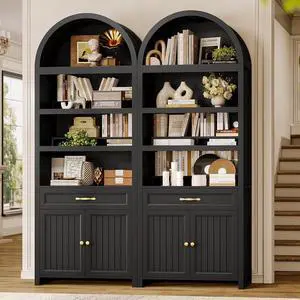 2 Pcs 84.2" Tall Arched Cabinets,Bookcase with Drawer storage,Mid-Century Modern 6-Tier Bookshelf, 2 Book Risers and Adjustable Shelves offering more storage space for Living Room,Kitchen, Black 2 Pcs 84.2" Tall Arched Cabinets,Bookcase with Drawer storage,Mid-Century Modern 6-Tier Bookshelf, 2 Book Risers and Adjustable Shelves offering more storage space for Living Room,Kitchen, Black