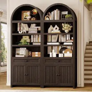2 Pcs 84.2" Tall Arched Cabinets,Bookcase with Drawer storage,Mid-Century Modern 6-Tier Bookshelf, 2 Book Risers and Adjustable Shelves offering more storage space for Living Room,Kitchen, Dark Brown 2 Pcs 84.2" Tall Arched Cabinets,Bookcase with Drawer storage,Mid-Century Modern 6-Tier Bookshelf, 2 Book Risers and Adjustable Shelves offering more storage space for Living Room,Kitchen, Dark Brown