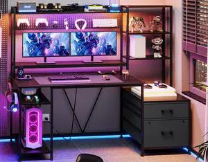 Gaming Desk with Hutch, 65in Reversible Computer Desk with Power Outlets LED Light, Home Office Desk with Monitor Stand 2 Drawers 4 Storage Shelves Pegboard 8 Hooks Mouse Pad (Black) Gaming Desk with Hutch, 65in Reversible Computer Desk with Power Outlets LED Light, Home Office Desk with Monitor Stand 2 Drawers 4 Storage Shelves Pegboard 8 Hooks Mouse Pad (Black)