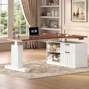 59" Farmhouse L Shaped Standing Desk with File Drawers, Electric Executive Desk Adjustable Height with Power Outlets, Storage Shelves, Sit Stand Corner Computer Desk for Home Office, White 59" Farmhouse L Shaped Standing Desk with File Drawers, Electric Executive Desk Adjustable Height with Power Outlets, Storage Shelves, Sit Stand Corner Computer Desk for Home Office, White