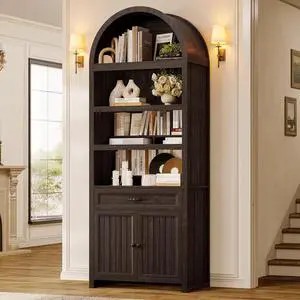 84.6" Tall Arched Cabinets,Bookcase with Drawer storage,Mid-Century Modern 6-Tier Bookshelf,2 Book Risers and Adjustable Shelves offering more storage for Living Room,Kitchen,Home Office (Dark Brown) 84.6" Tall Arched Cabinets,Bookcase with Drawer storage,Mid-Century Modern 6-Tier Bookshelf,2 Book Risers and Adjustable Shelves offering more storage for Living Room,Kitchen,Home Office (Dark Brown)
