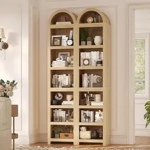 2 Pcs 76" Tall Narrow Arched Bookcase,7-Teir Mid-Century Modern Bookshelf,Adjustable Shelves offering More Storage Space for Living Room,Kitchen,Home Office(Oak, Narrow) 2 Pcs 76" Tall Narrow Arched Bookcase,7-Teir Mid-Century Modern Bookshelf,Adjustable Shelves offering More Storage Space for Living Room,Kitchen,Home Office(Oak, Narrow)