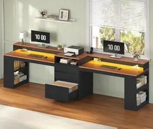 96.6" Long Computer Desk, 2 Person Desk with LED Lights & Power Outlet, Modern Two Person Gaming Desk with File Drawers, Monitor Stand, Printer Shelf Storage, Double Table for Home Office Black 96.6" Long Computer Desk, 2 Person Desk with LED Lights & Power Outlet, Modern Two Person Gaming Desk with File Drawers, Monitor Stand, Printer Shelf Storage, Double Table for Home Office Black