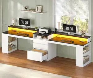 96.6" Long Computer Desk, 2 Person Desk with LED Lights & Power Outlet, Modern Two Person Gaming Desk with File Drawers, Monitor Stand, Printer Shelf Storage, Double Table for Home Office White 96.6" Long Computer Desk, 2 Person Desk with LED Lights & Power Outlet, Modern Two Person Gaming Desk with File Drawers, Monitor Stand, Printer Shelf Storage, Double Table for Home Office White