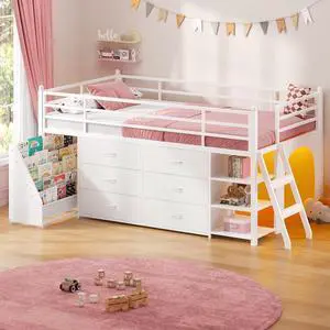 Kids Twin Loft Bed with Pull-Out Rolling Bookshelf, 3-Tier Display Shelf, 6 Storage Drawers, RGB Mood Lighting, Safe Anti-Tip & Soft Padded Ladder Space-Saving Playhouse Bed for Children (White) Kids Twin Loft Bed with Pull-Out Rolling Bookshelf, 3-Tier Display Shelf, 6 Storage Drawers, RGB Mood Lighting, Safe Anti-Tip & Soft Padded Ladder Space-Saving Playhouse Bed for Children (White)
