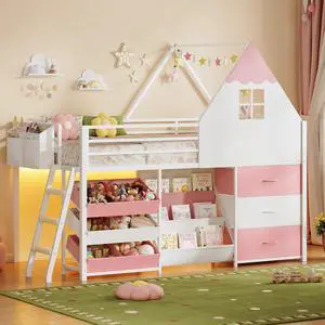 Twin Low Loft Bed for Bookshelf with Kids Toy Storage Box, Storage Drawers, LED Lights, Safety Guardrail, Stairs, Kids loft Bed (White Pink) Twin Low Loft Bed for Bookshelf with Kids Toy Storage Box, Storage Drawers, LED Lights, Safety Guardrail, Stairs, Kids loft Bed (White Pink)