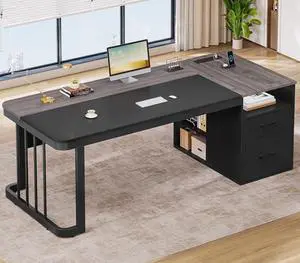 70.9" Executive Desk with Power Outlet, Large Office Desk with Drawers & Lateral File Cabinet, Modern Long Computer Desk with Adjustable Storage Shelves, Workstation Business Furniture (Grey) 70.9" Executive Desk with Power Outlet, Large Office Desk with Drawers & Lateral File Cabinet, Modern Long Computer Desk with Adjustable Storage Shelves, Workstation Business Furniture (Grey)