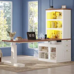 Farmhouse Standing Desk Adjustable Height with 3-Tier Bookcase, 55" Executive Electric Office Desk, Sit Stand Computer Desk with Storage Shelves, File Drawers, Power Outlets, Led Light, White+Walnut Farmhouse Standing Desk Adjustable Height with 3-Tier Bookcase, 55" Executive Electric Office Desk, Sit Stand Computer Desk with Storage Shelves, File Drawers, Power Outlets, Led Light, White+Walnut