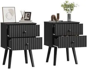 Wooden Nightstand with 2 Drawers, Fluted Night Stand Set of 2, Morden Side Table for Bedroom, Living Room and Small Space, Black Wooden Nightstand with 2 Drawers, Fluted Night Stand Set of 2, Morden Side Table for Bedroom, Living Room and Small Space, Black