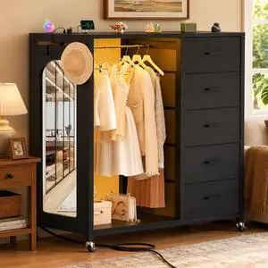 Clothes Rack with 5 Drawers and Mirror, Garment Rack with Charging Station & LED Lights, Fabric Chest Shelves Clothing Hanging Rack, Wooden Portable Wardrobe Closet Clothes Rack with 5 Drawers and Mirror, Garment Rack with Charging Station & LED Lights, Fabric Chest Shelves Clothing Hanging Rack, Wooden Portable Wardrobe Closet