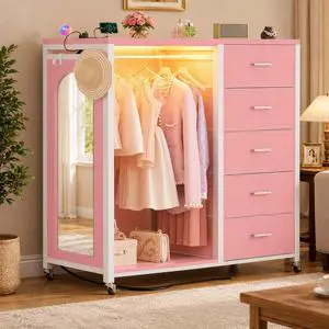 Clothes Rack with 5 Drawers and Mirror, Garment Rack with Charging Station & LED Lights, Fabric Chest Shelves Clothing Hanging Rack, Wooden Portable Wardrobe Closet Clothes Rack with 5 Drawers and Mirror, Garment Rack with Charging Station & LED Lights, Fabric Chest Shelves Clothing Hanging Rack, Wooden Portable Wardrobe Closet