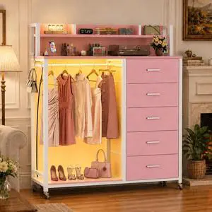 Clothes Rack with 5 Drawers and Shelf, Garment Rack with Charging Station & LED Lights, Fabric Chest Shelves Clothing Hanging Rack, Wooden Portable Wardrobe Closet Clothes Rack with 5 Drawers and Shelf, Garment Rack with Charging Station & LED Lights, Fabric Chest Shelves Clothing Hanging Rack, Wooden Portable Wardrobe Closet