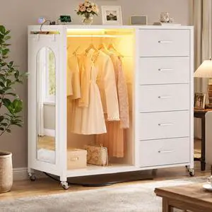 Clothes Rack with 5 Drawers and Mirror, Garment Rack with Charging Station & LED Lights, Fabric Chest Shelves Clothing Hanging Rack, Wooden Portable Wardrobe Closet Clothes Rack with 5 Drawers and Mirror, Garment Rack with Charging Station & LED Lights, Fabric Chest Shelves Clothing Hanging Rack, Wooden Portable Wardrobe Closet