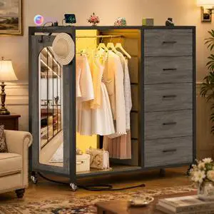 Clothes Rack with 5 Drawers and Mirror, Garment Rack with Charging Station & LED Lights, Fabric Chest Shelves Clothing Hanging Rack, Wooden Portable Wardrobe Closet Clothes Rack with 5 Drawers and Mirror, Garment Rack with Charging Station & LED Lights, Fabric Chest Shelves Clothing Hanging Rack, Wooden Portable Wardrobe Closet